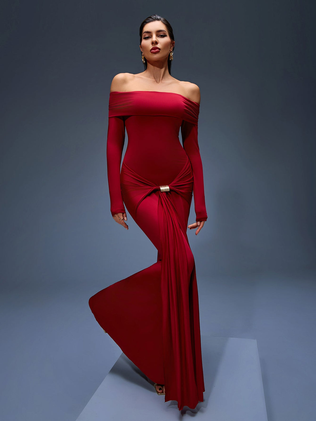 Off-Shoulder Ruched Mermaid Maxi Dress, front view