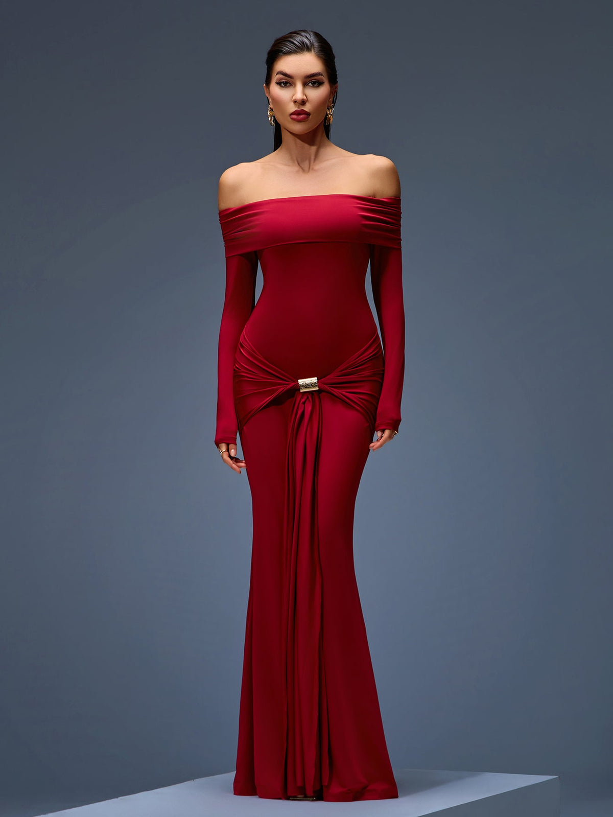 Off-Shoulder Ruched Mermaid Maxi Dress, back detail view