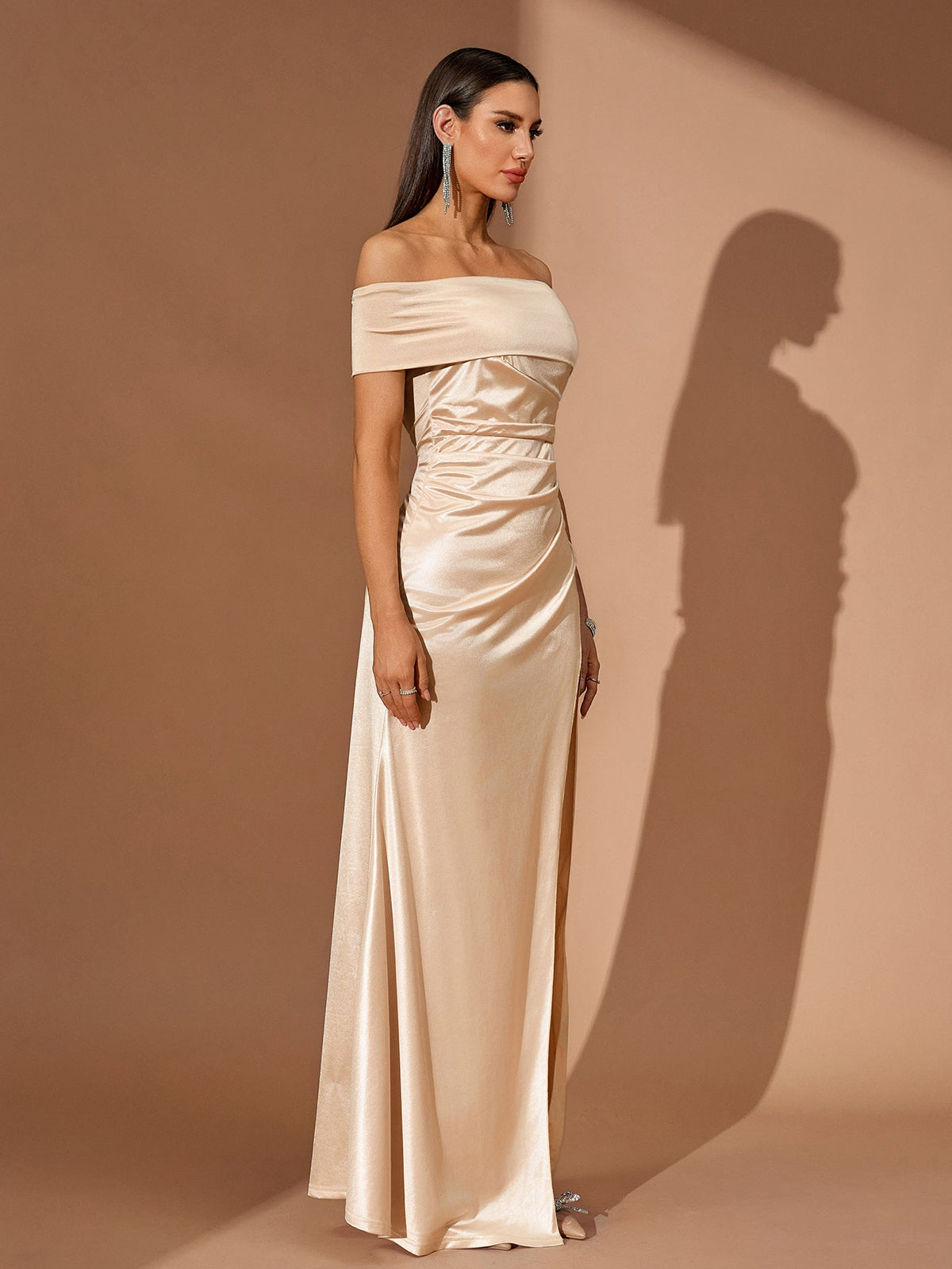 Off-Shoulder Satin High-Slit Maxi Dress, three-quarter view
