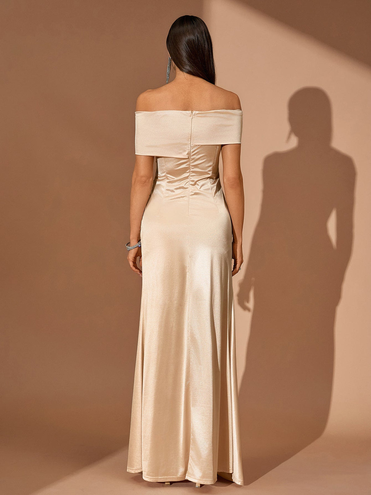 Off-Shoulder Satin High-Slit Maxi Dress, back view