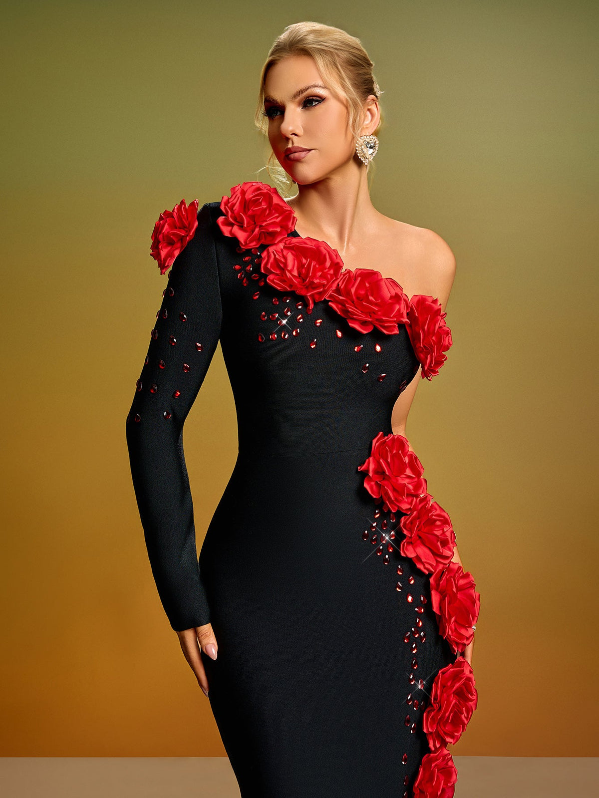 One-Shoulder 3D Flower Crystal Bandage Dress, back detail view