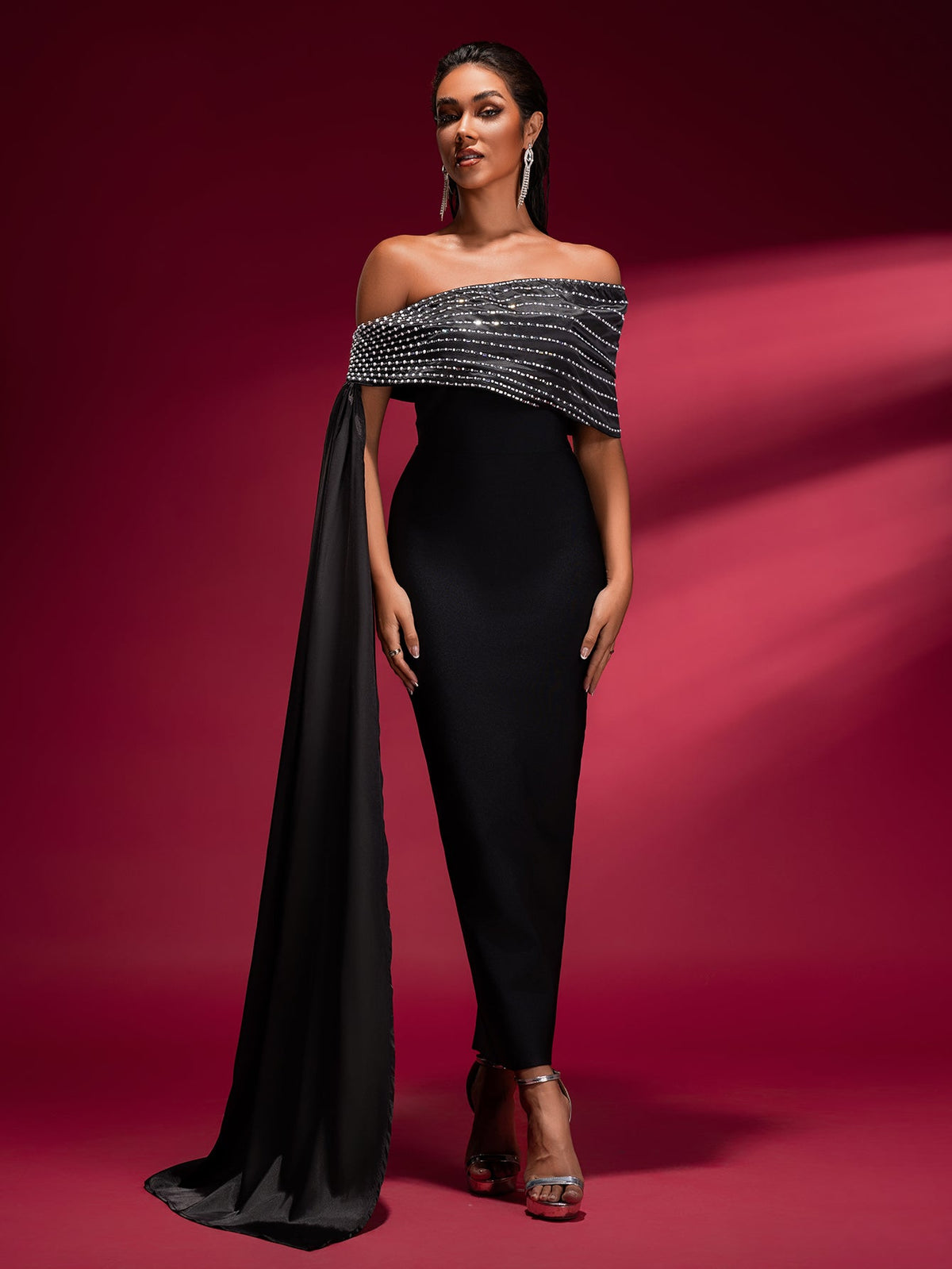 One-Shoulder Chain Bandage Maxi Dress, front full-length view