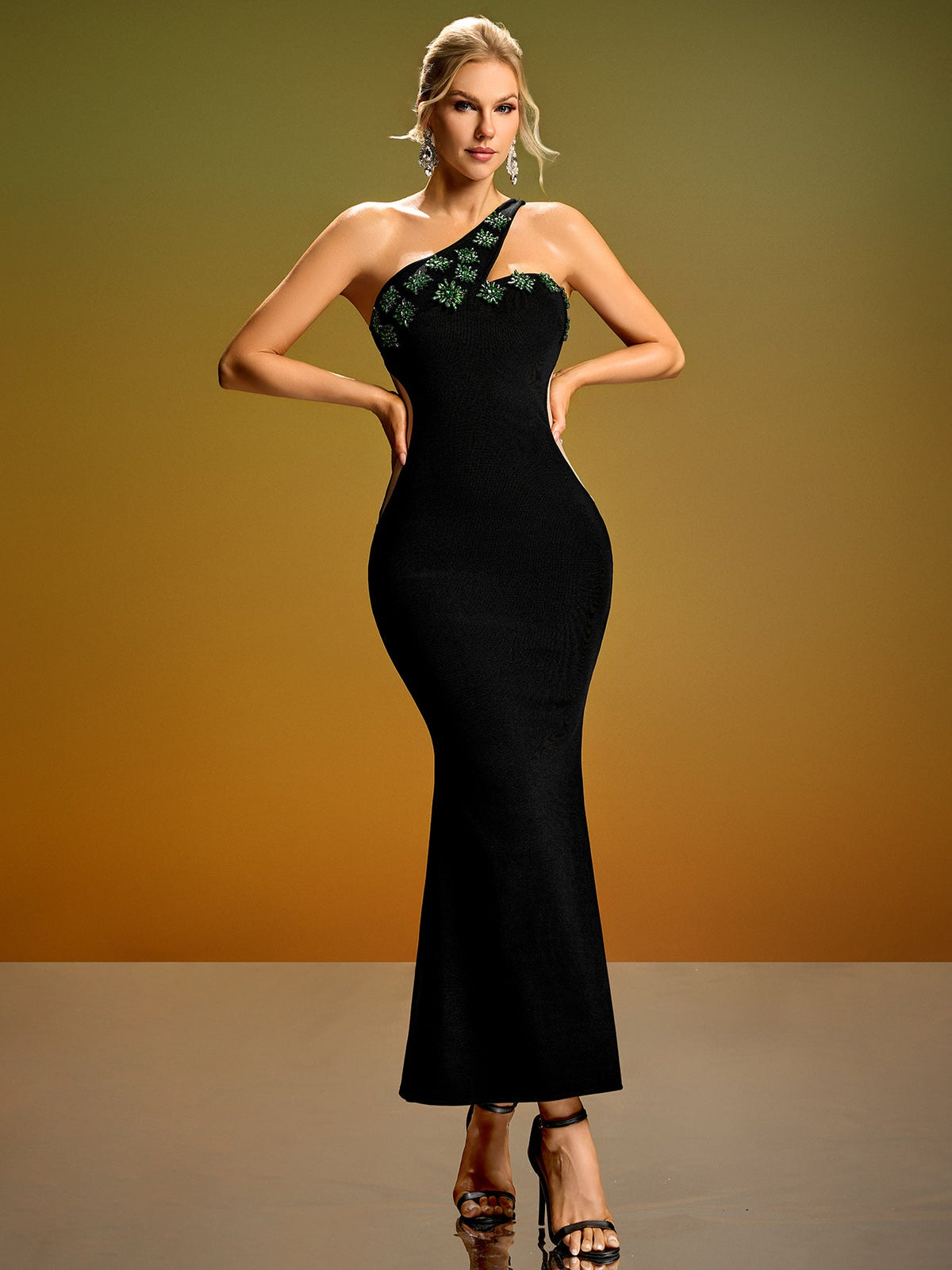 One-Shoulder Crystal Bandage Midi Dress, front view