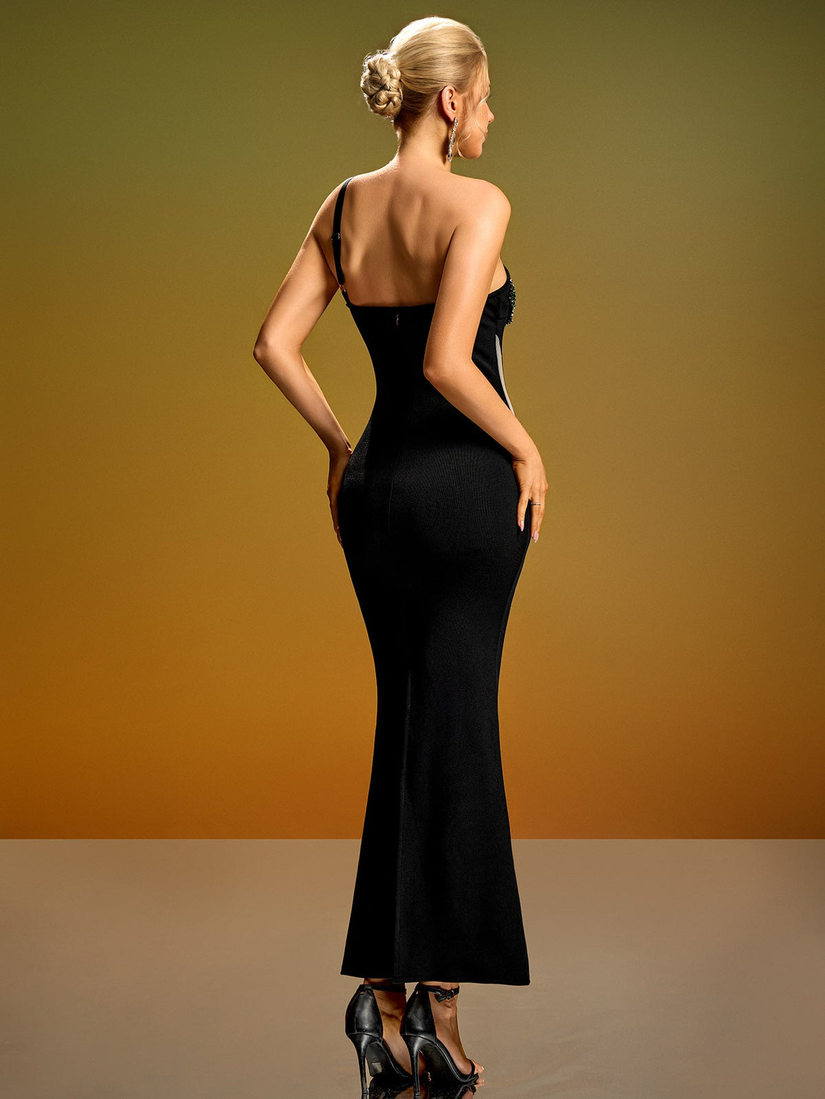 One-Shoulder Crystal Bandage Midi Dress, side view
