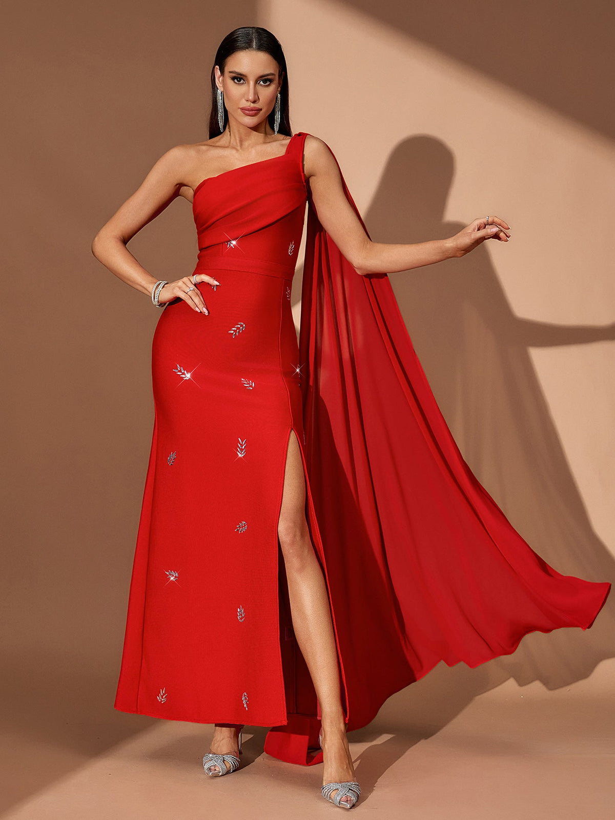 One-Shoulder Crystal High-Slit Bandage Maxi Dress, front view