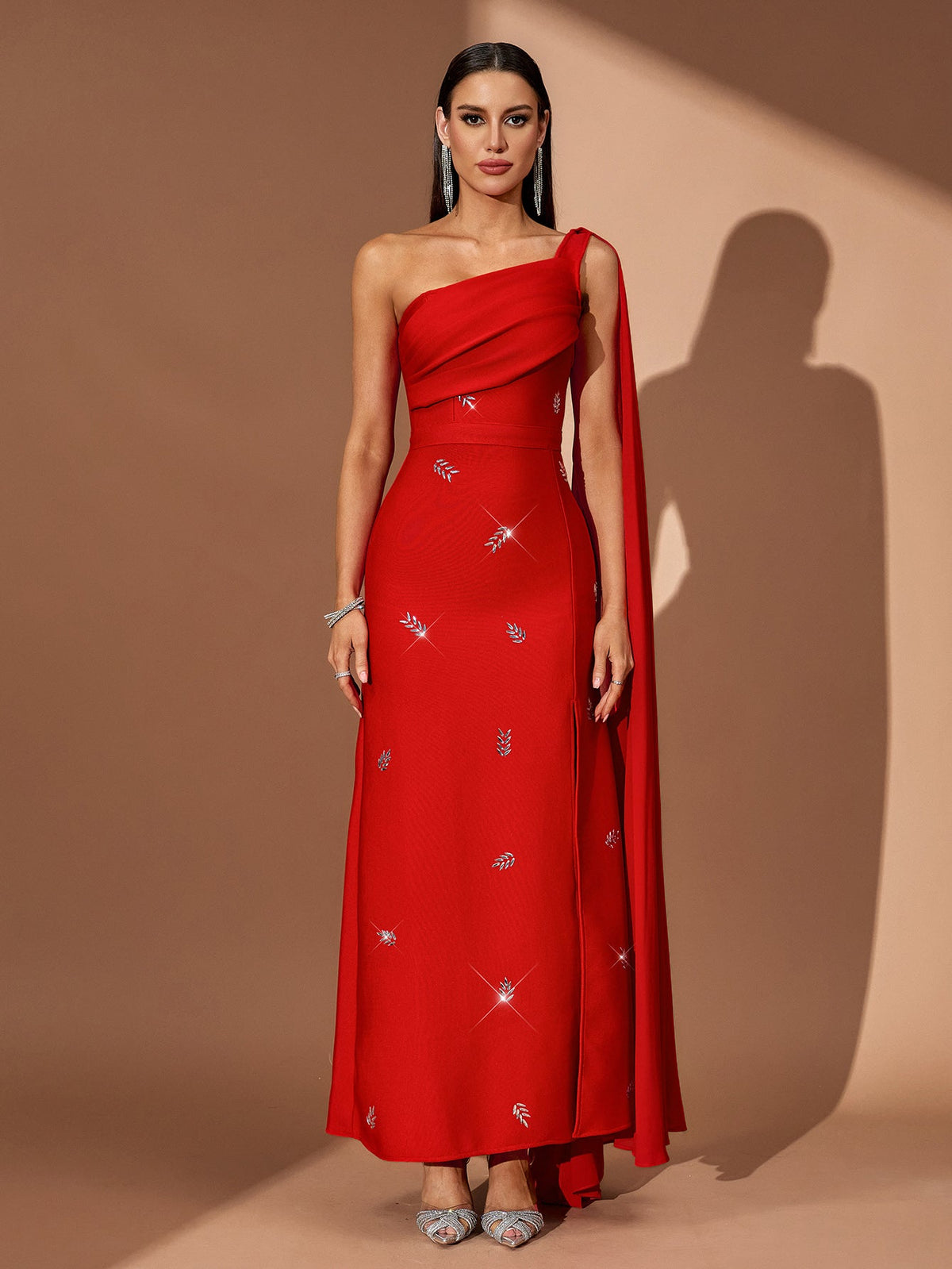 One-Shoulder Crystal High-Slit Bandage Maxi Dress, side view