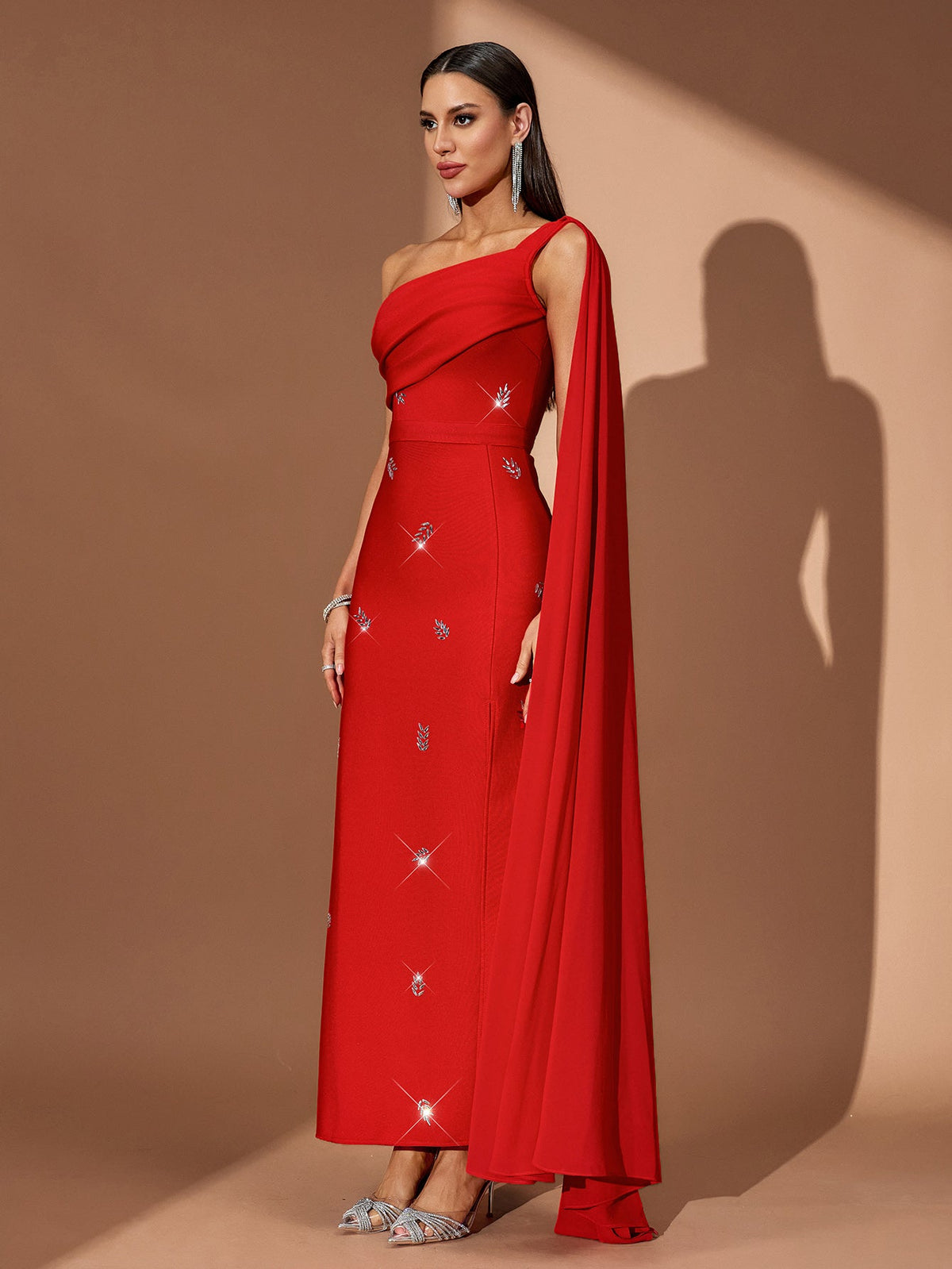 One-Shoulder Crystal High-Slit Bandage Maxi Dress, full-length styling view