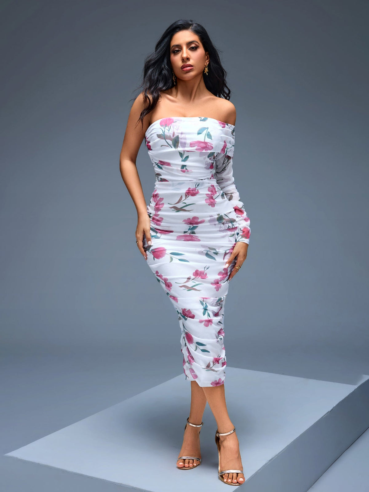 One-Shoulder Floral Ruched Midi Dress, back view