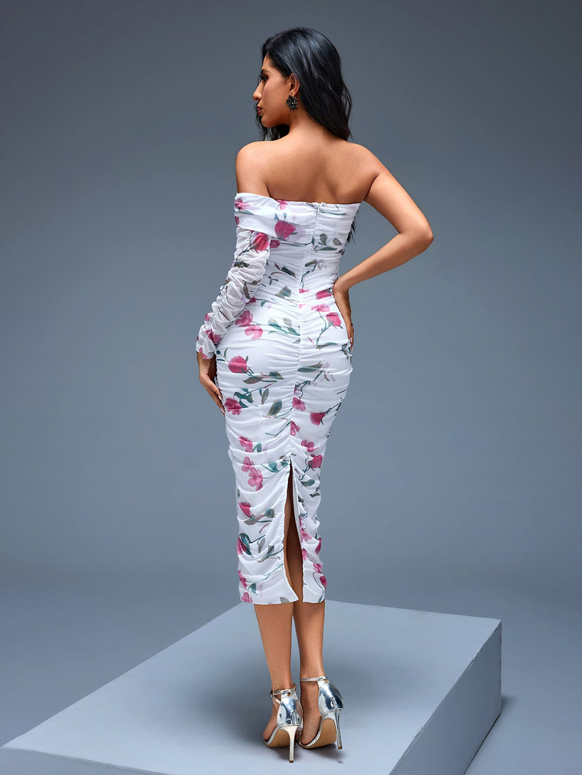 One-Shoulder Floral Ruched Midi Dress, side view