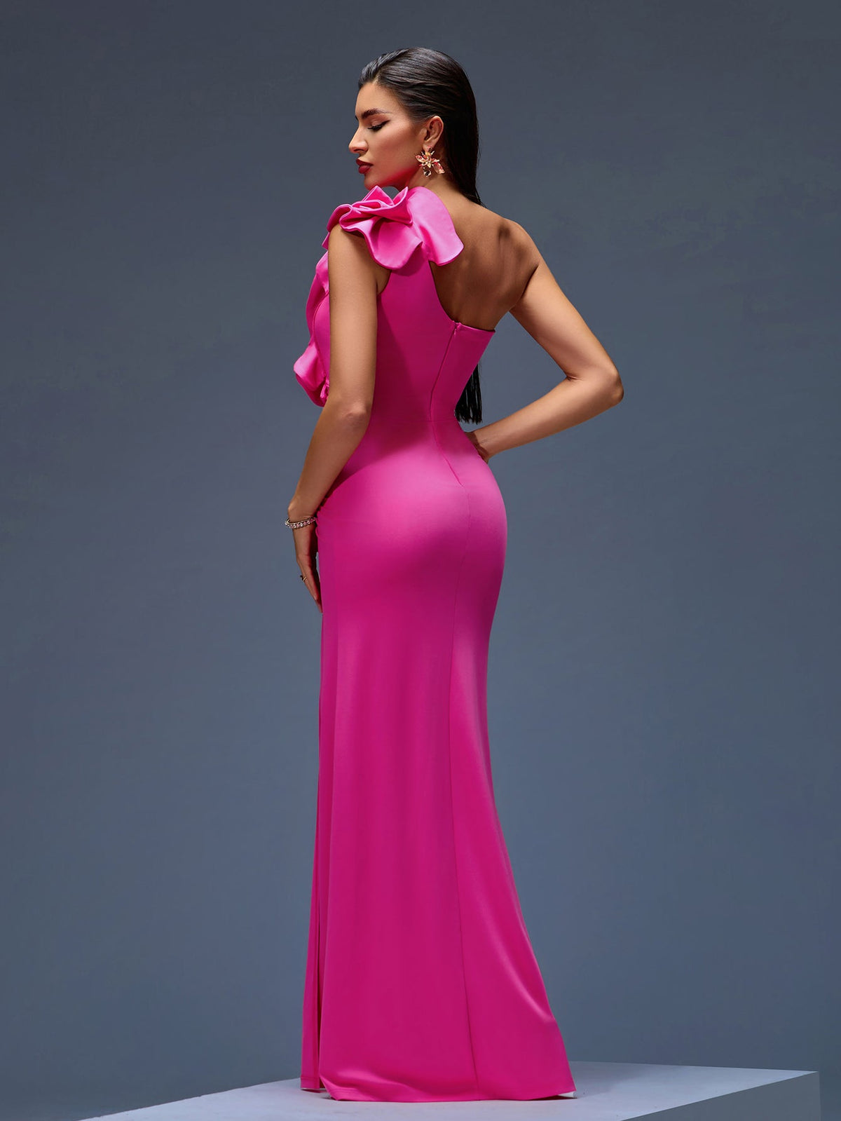 One-Shoulder Ruffled Crepe Maxi Gown, back view