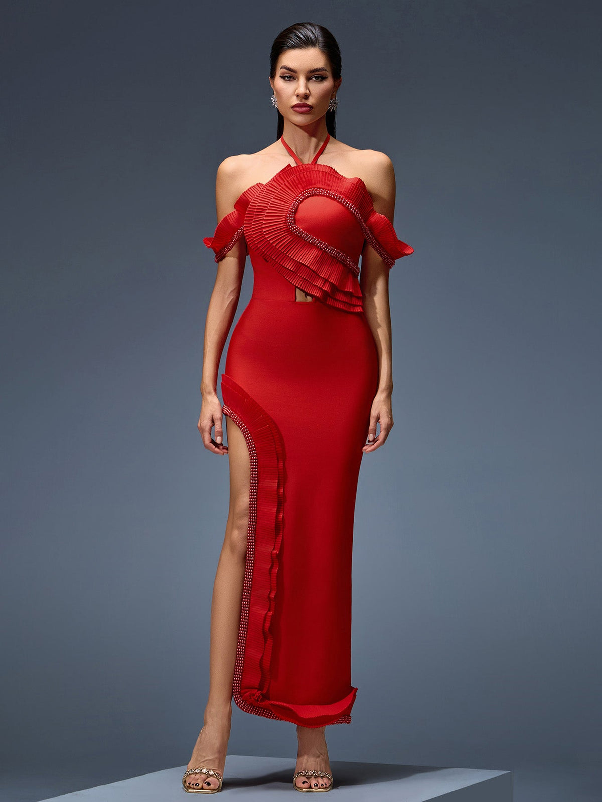Open-Back Halter Pleated Bandage Dress, front view