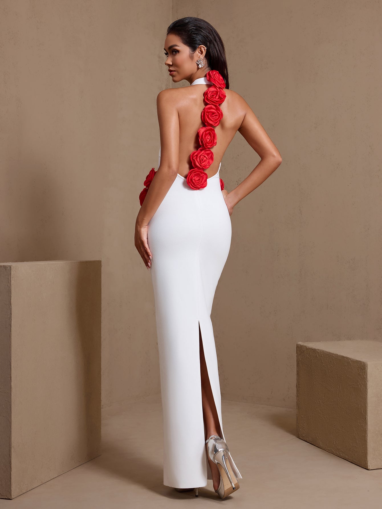 White open-back rose halter bandage maxi dress, back view