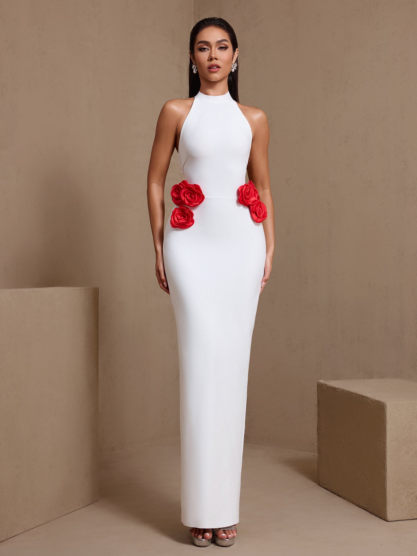 White halter bandage maxi dress with sculpted rose appliqués, front view