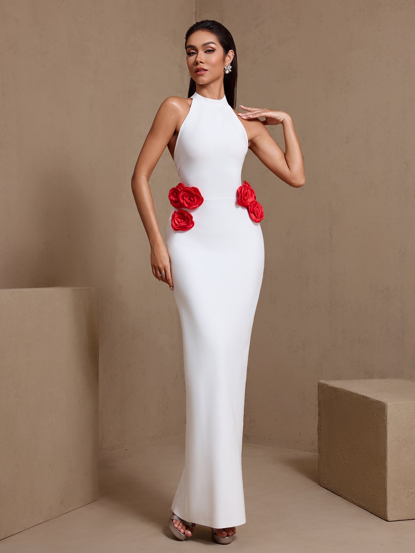 White rose halter bandage maxi dress, three-quarter front view