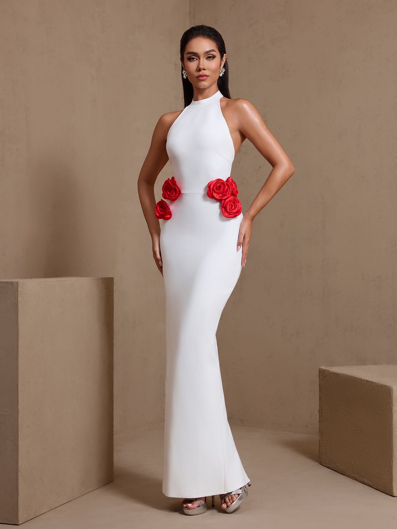 White open-back rose halter bandage maxi dress, full front view