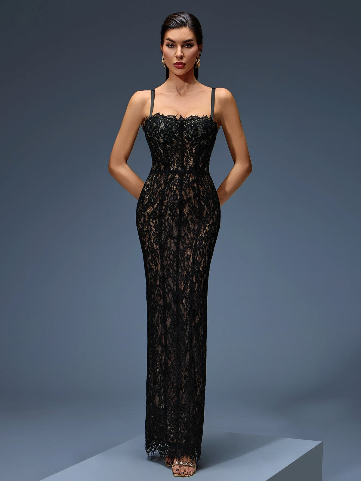 Open-Back Slim-Fit Lace Dress, front view