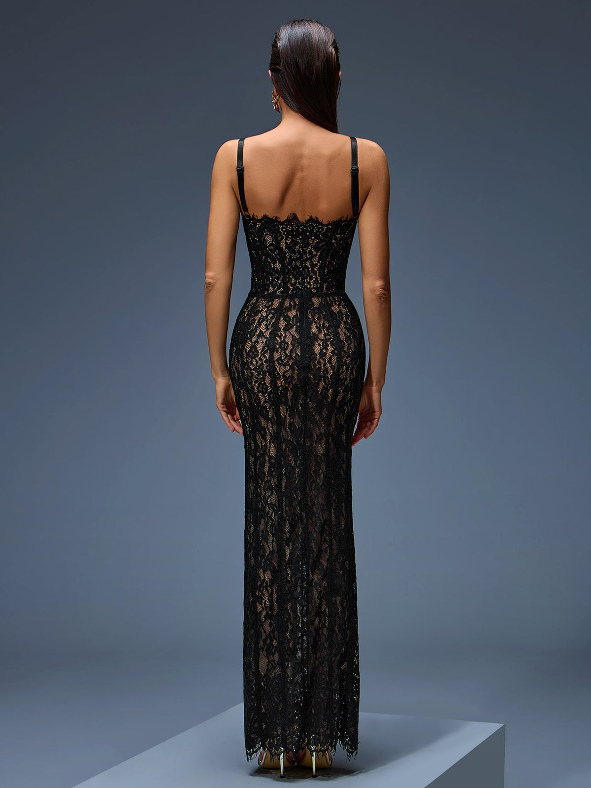 Open-Back Slim-Fit Lace Dress, front full-length view