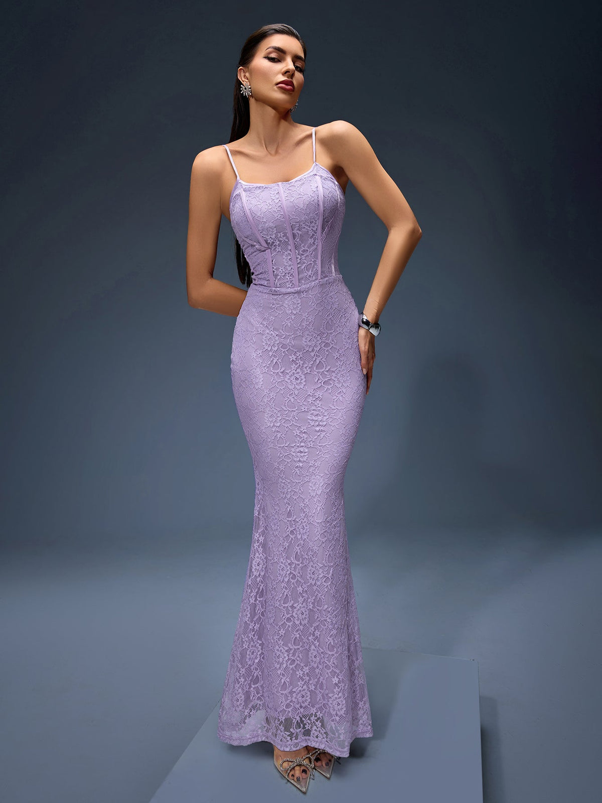 Orchid Lace Corset Maxi Dress, detail view