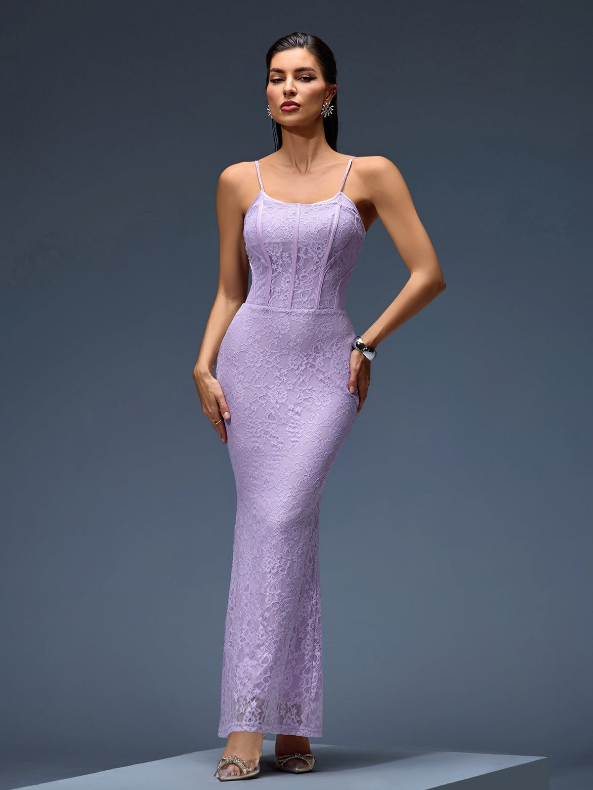Orchid Lace Corset Maxi Dress, side view