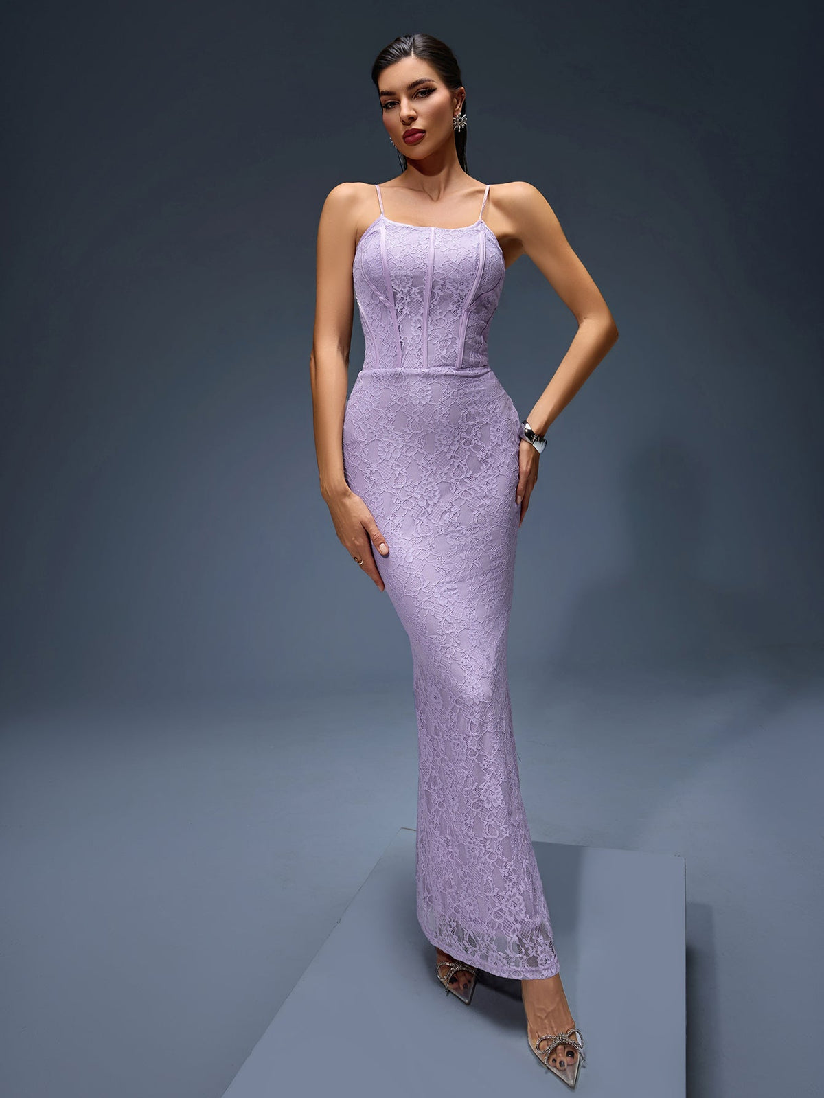 Orchid Lace Corset Maxi Dress, front full-length view