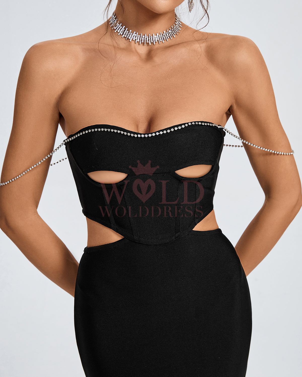 Crystal Chain Cutout Mini Bandage Dress