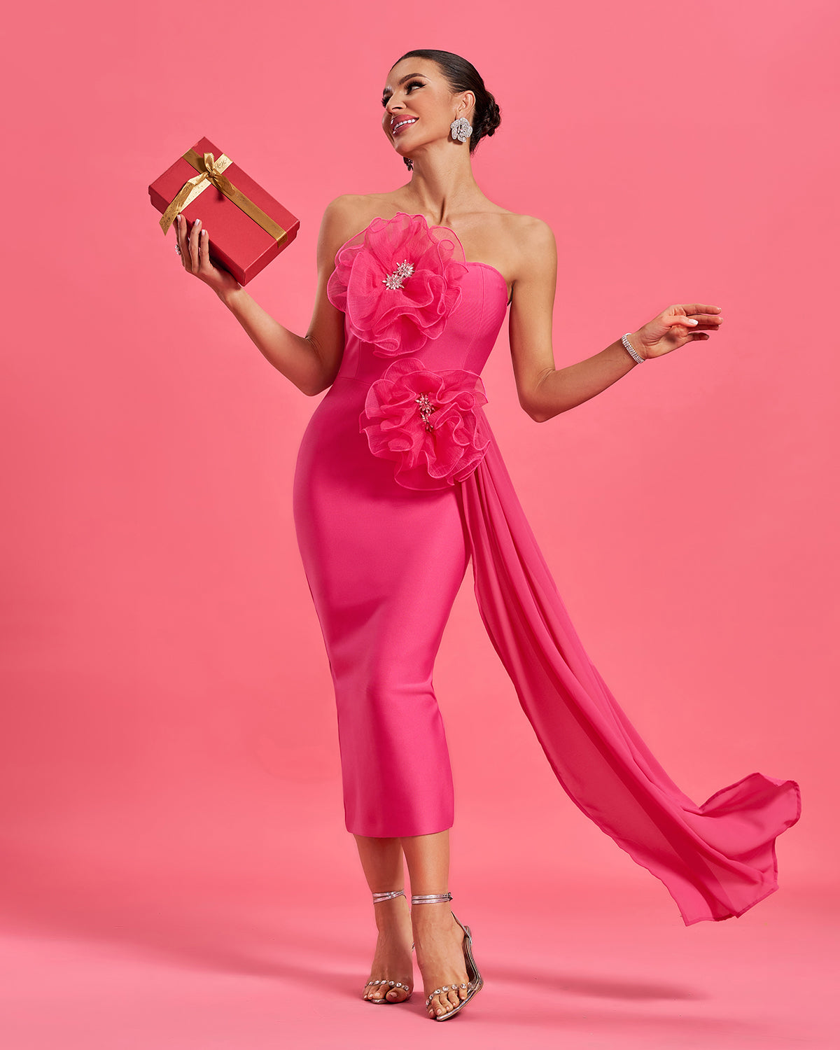 Huge Flowers Draped Bandage Midi Dress