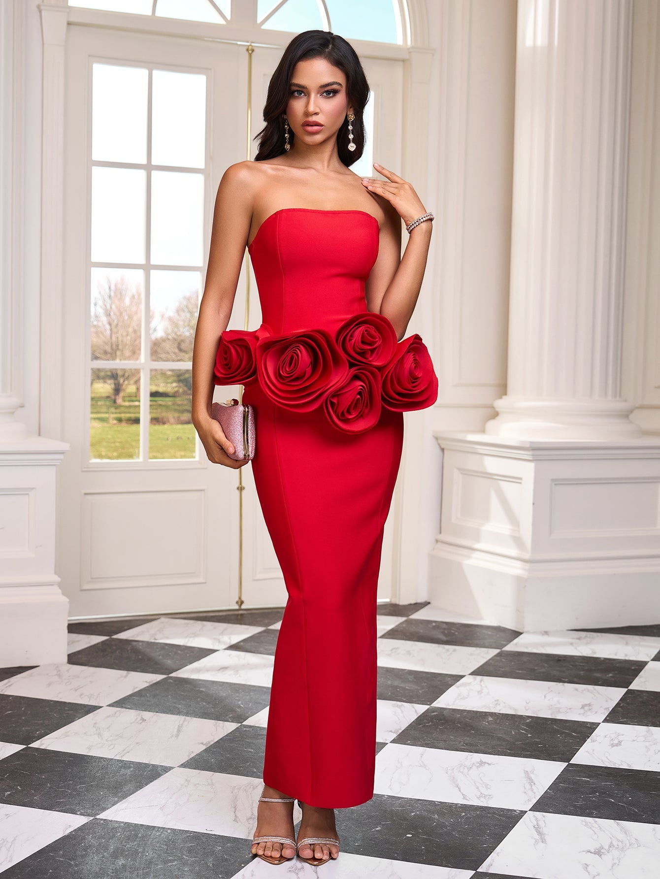 Strapless Roses Floral Bandage Dress