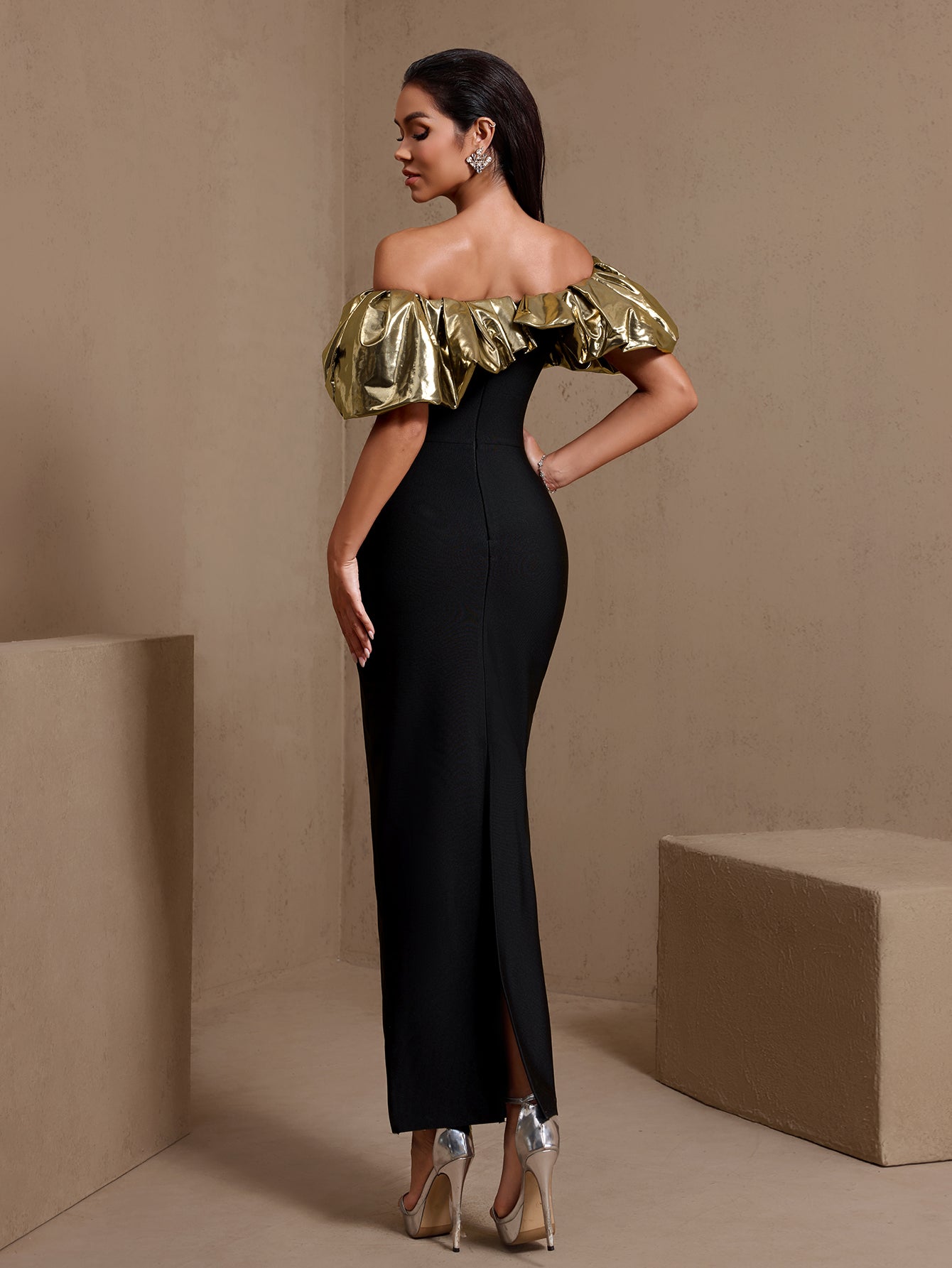 Gold-Ruffled Nail Bead Bandage Dress