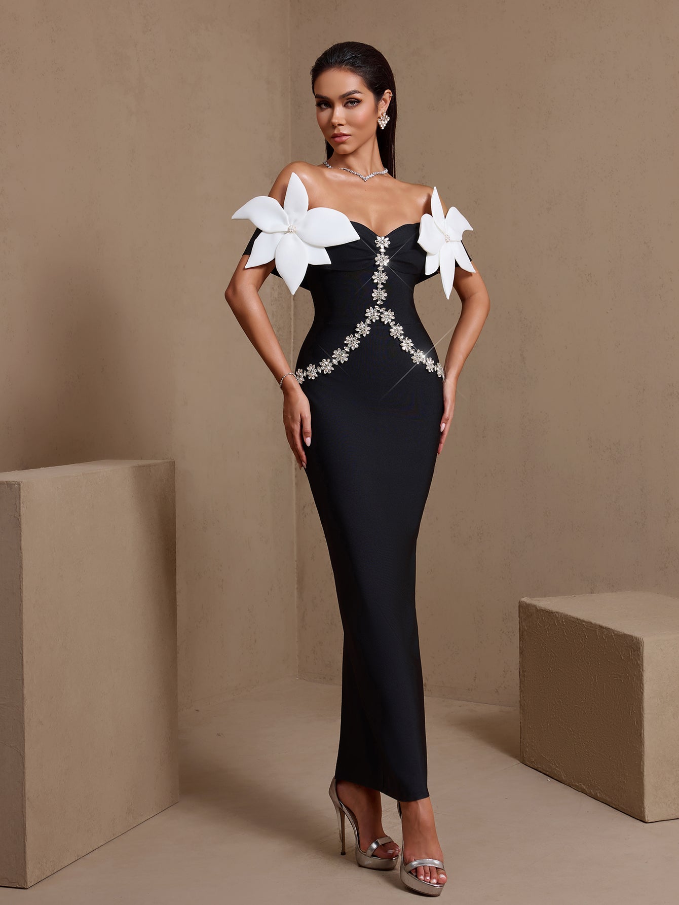 Off Shoulder Flower Crystal Bandage Dress