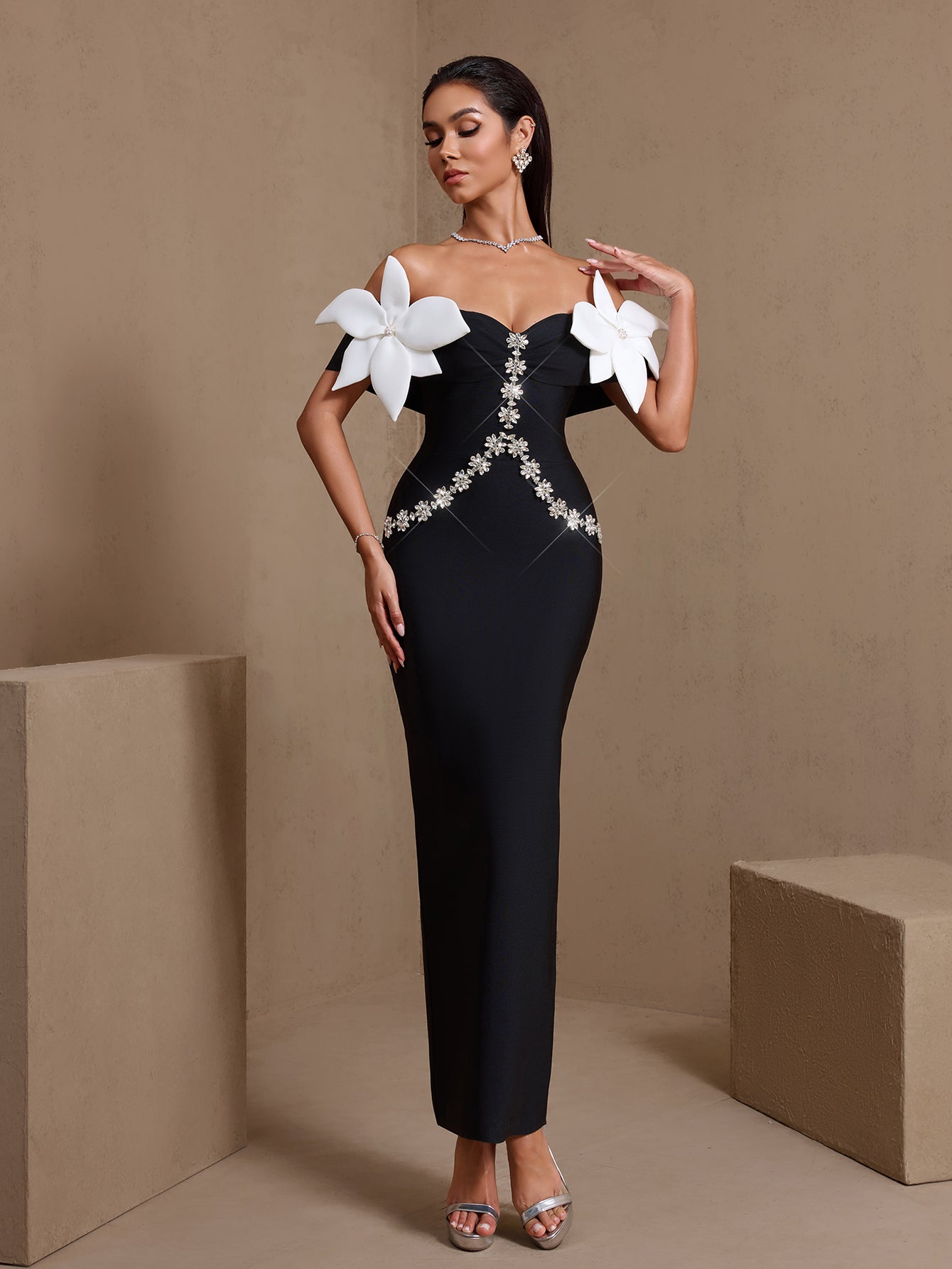 Off Shoulder Flower Crystal Bandage Dress
