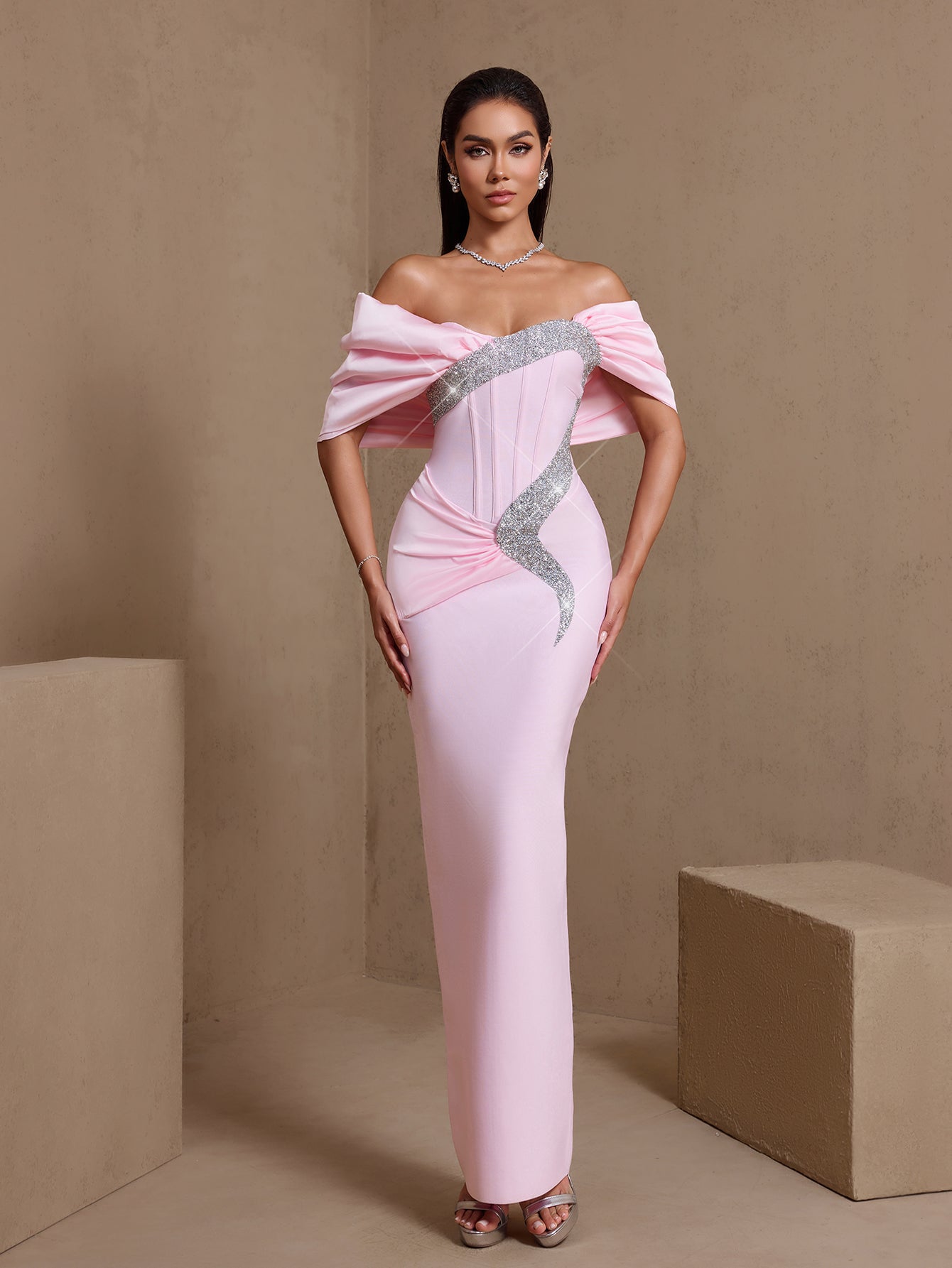 Off Shoulder Rhinestone Ruched Bandage Dress