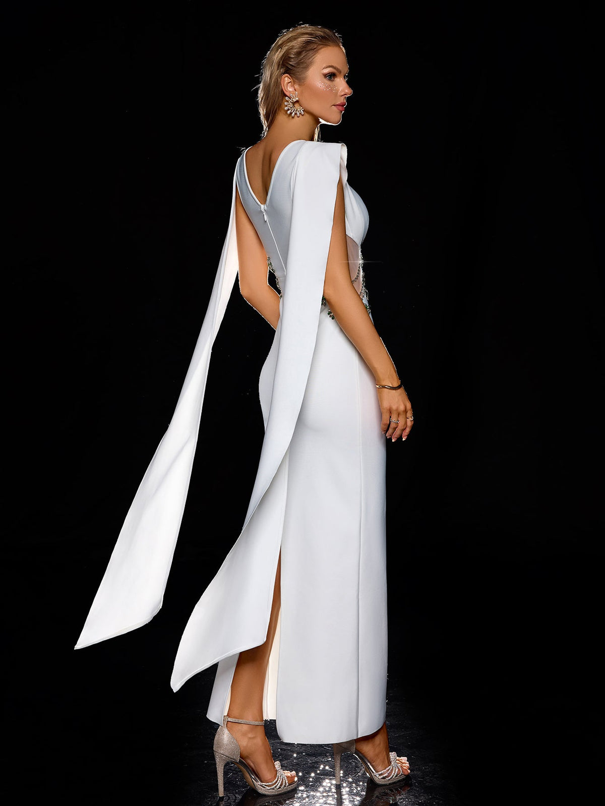 White party cutout mesh maxi dress, back view