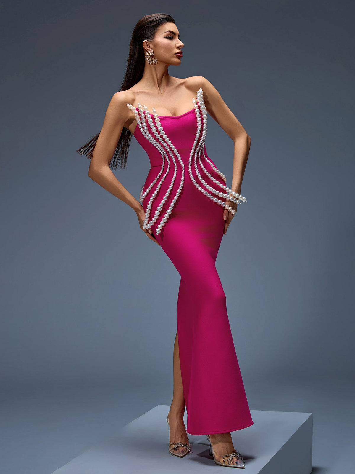 Pearl Embellished Bandage Maxi Dress, front full-length view