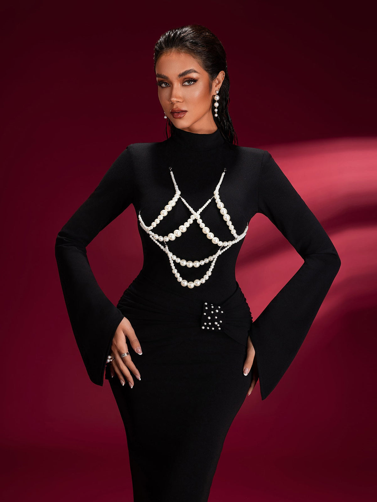 Pearl Embellished Knit Bodycon Maxi Dress, front view