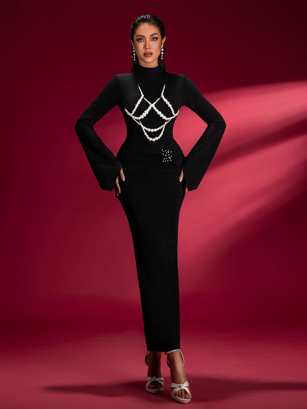 Pearl Embellished Knit Bodycon Maxi Dress, back view