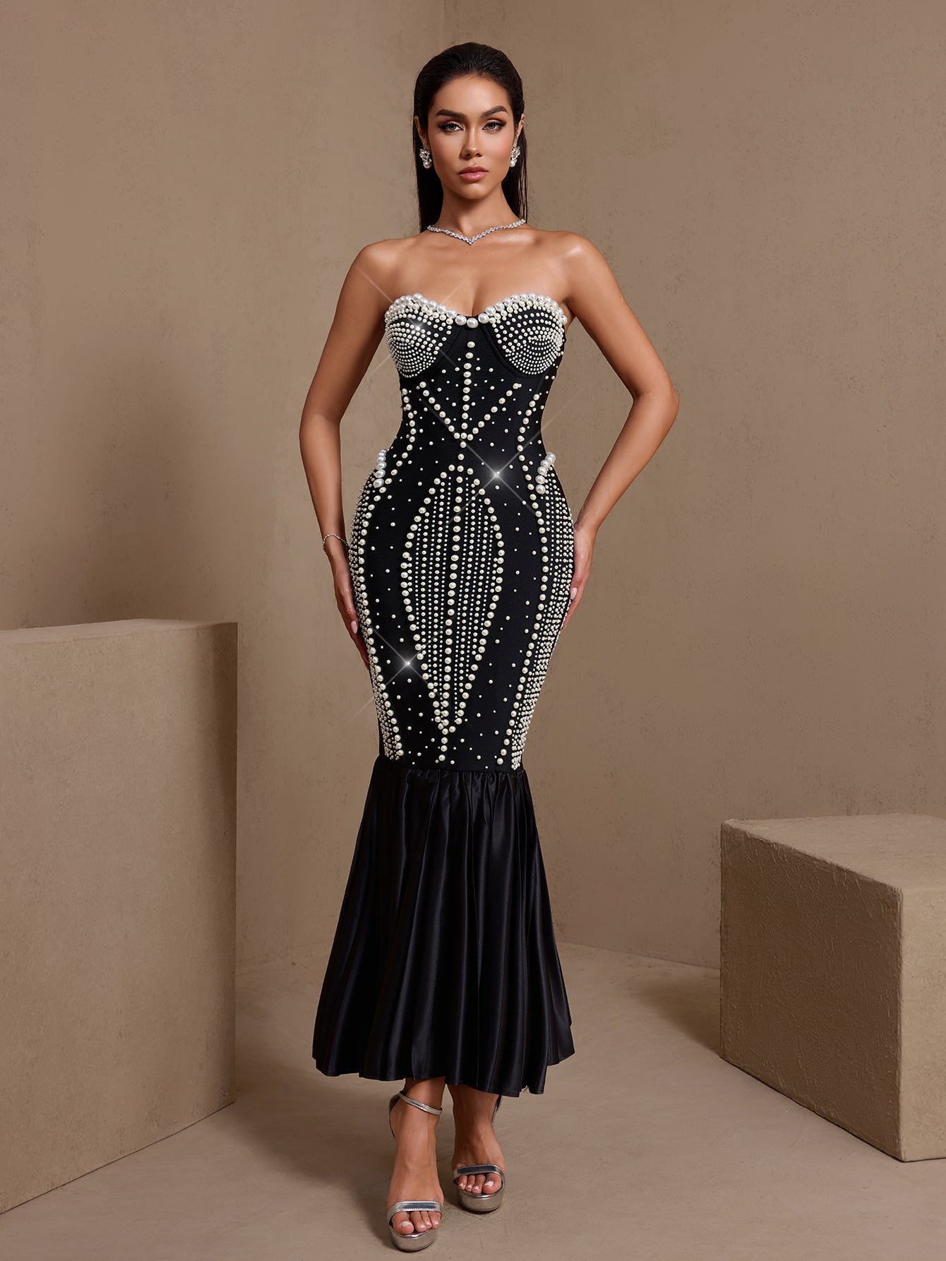 Black pearl-embellished strapless mermaid bandage midi dress, front view