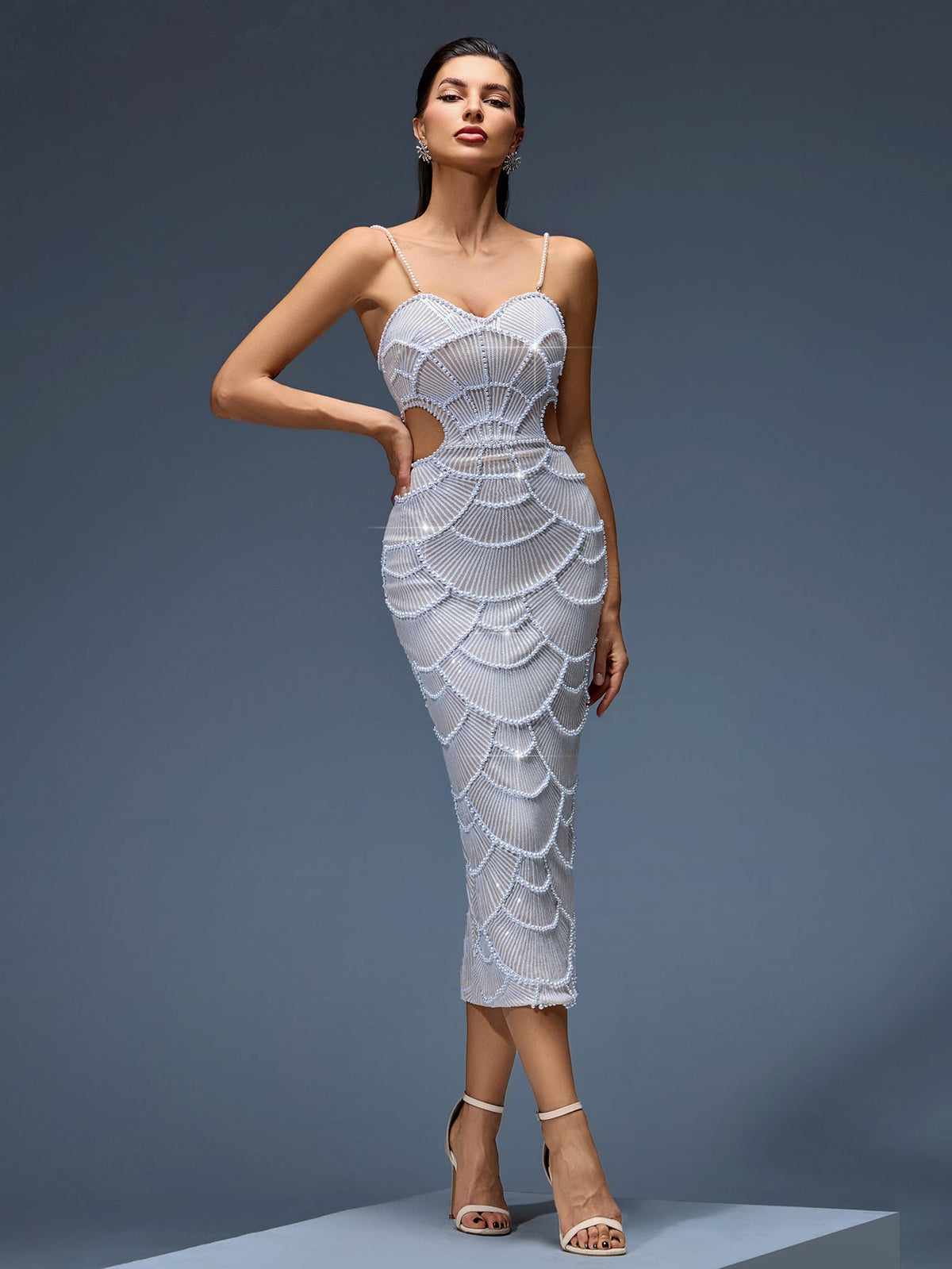 Pearl Sequin Cutout Midi Dress, front full-length view