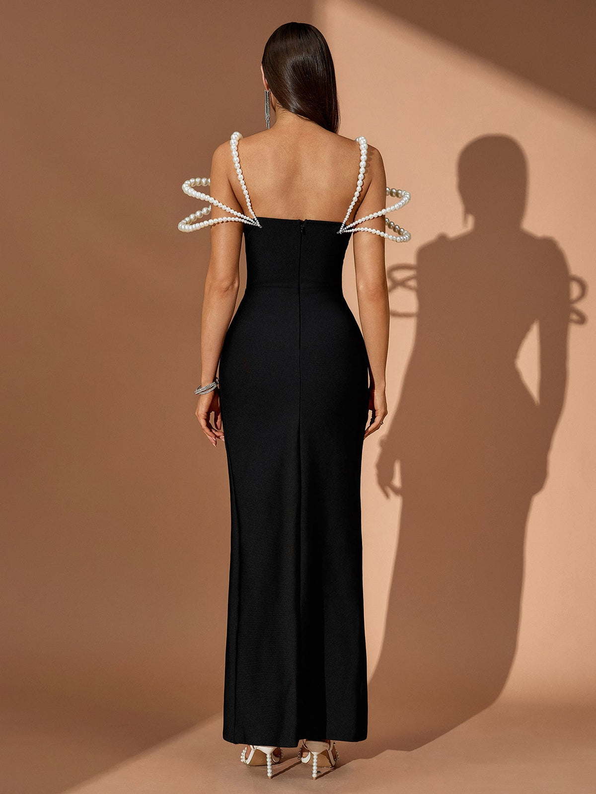 Pearl Shoulder High-Slit Bandage Maxi Dress, back view