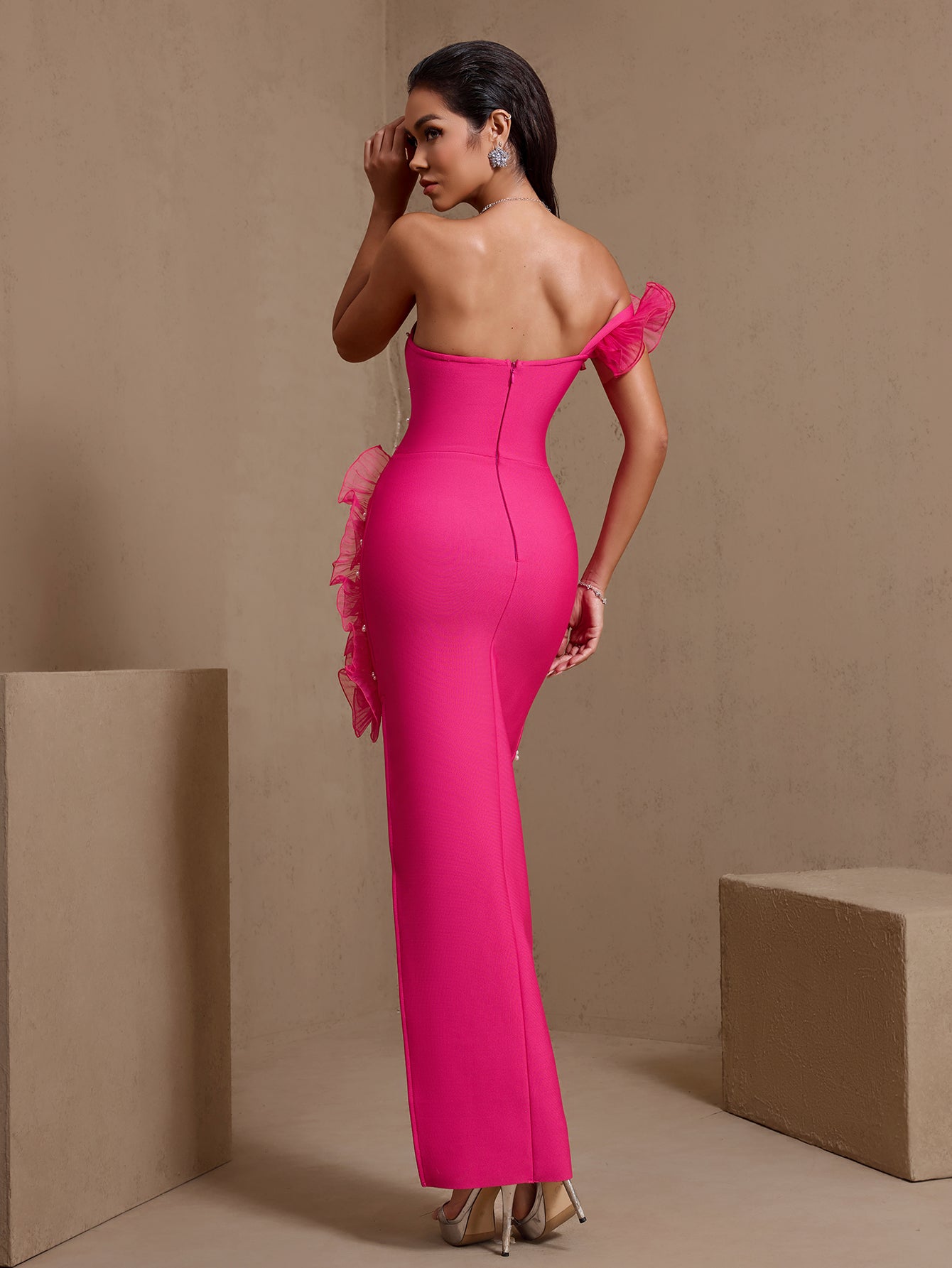 Rose Red pearl starburst asymmetric bandage maxi dress, open back view