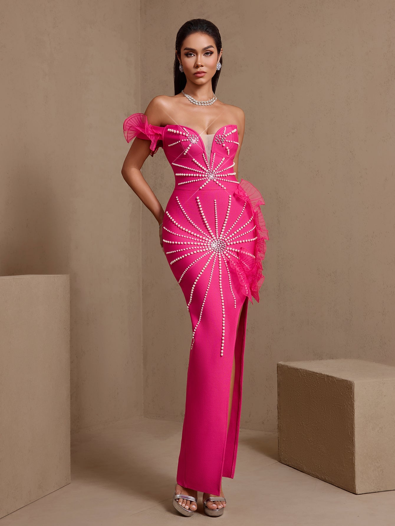 Rose Red pearl starburst asymmetric bandage maxi dress, angled front view