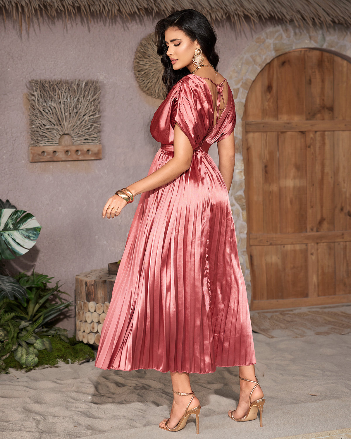 Brick red pleated deep V-neck maxi dress, side view
