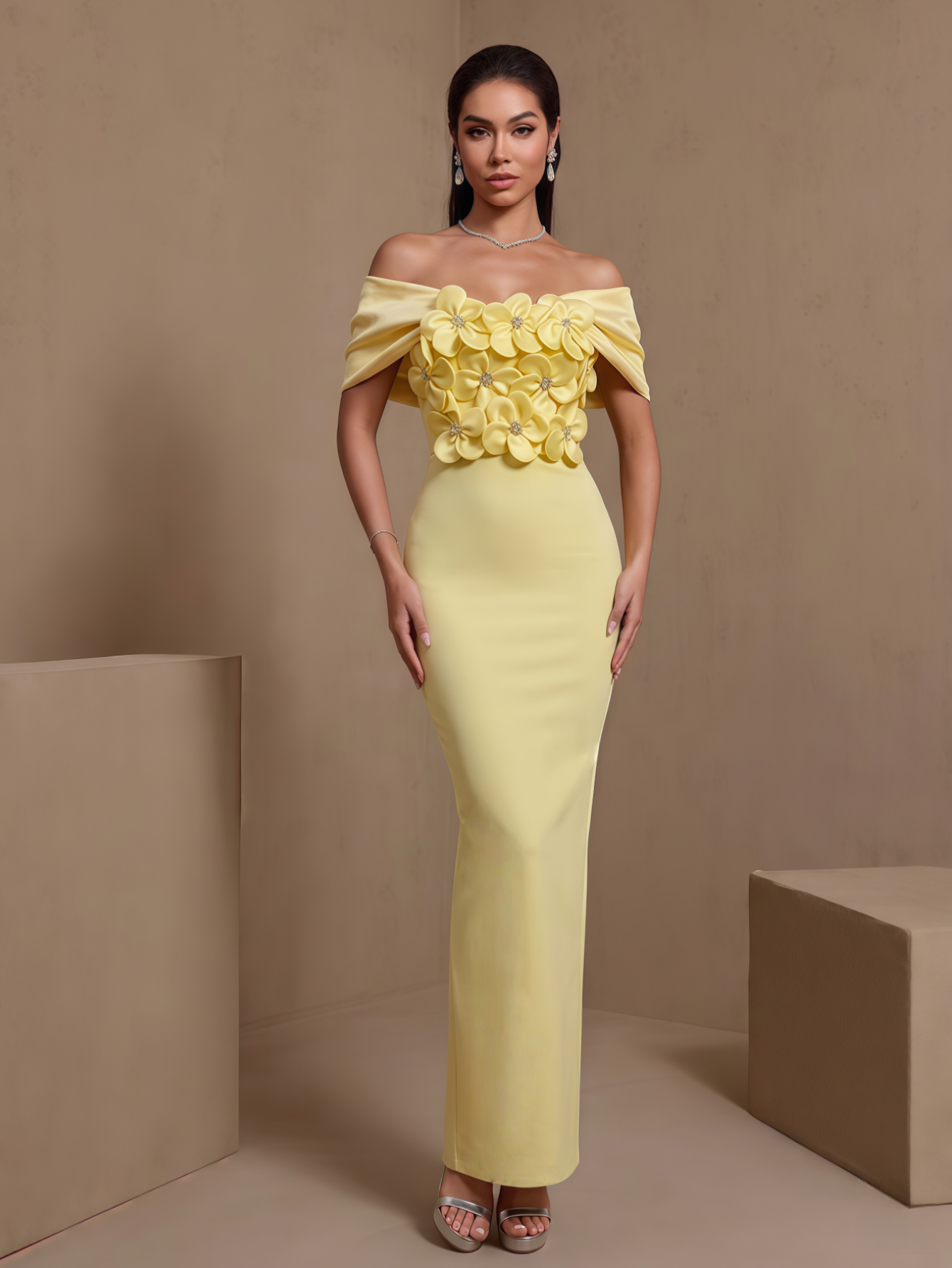 Light Yellow pleated floral off-shoulder bandage maxi dress, front view