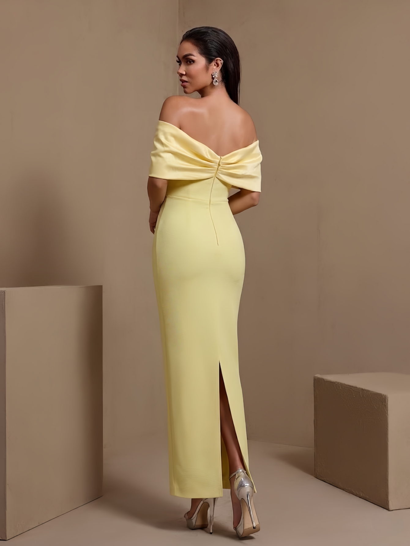 Light Yellow pleated floral off-shoulder bandage maxi dress, rear view