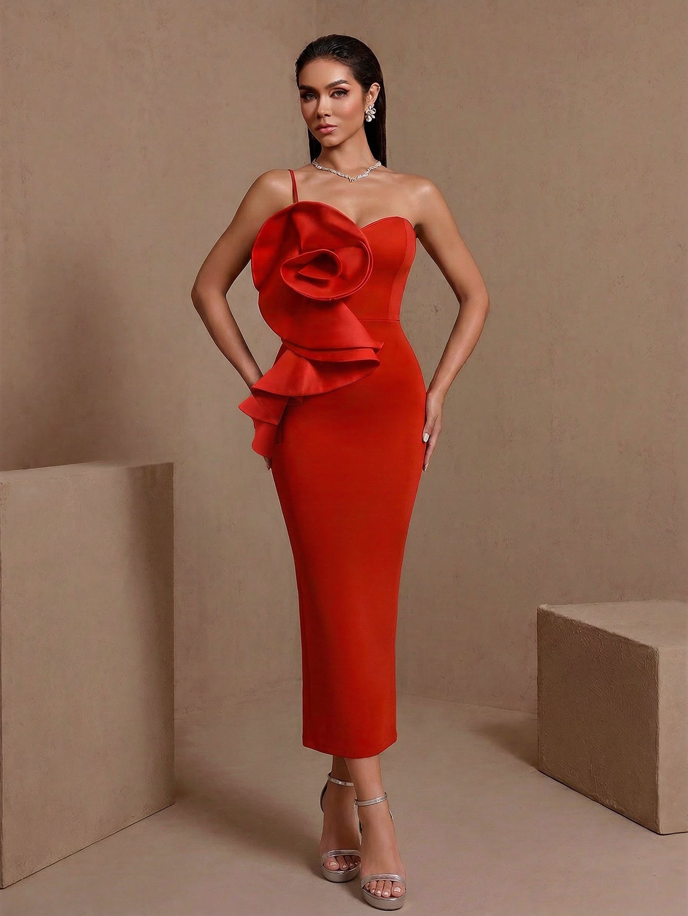 Red pleated floral one-shoulder bandage midi dress, full front view