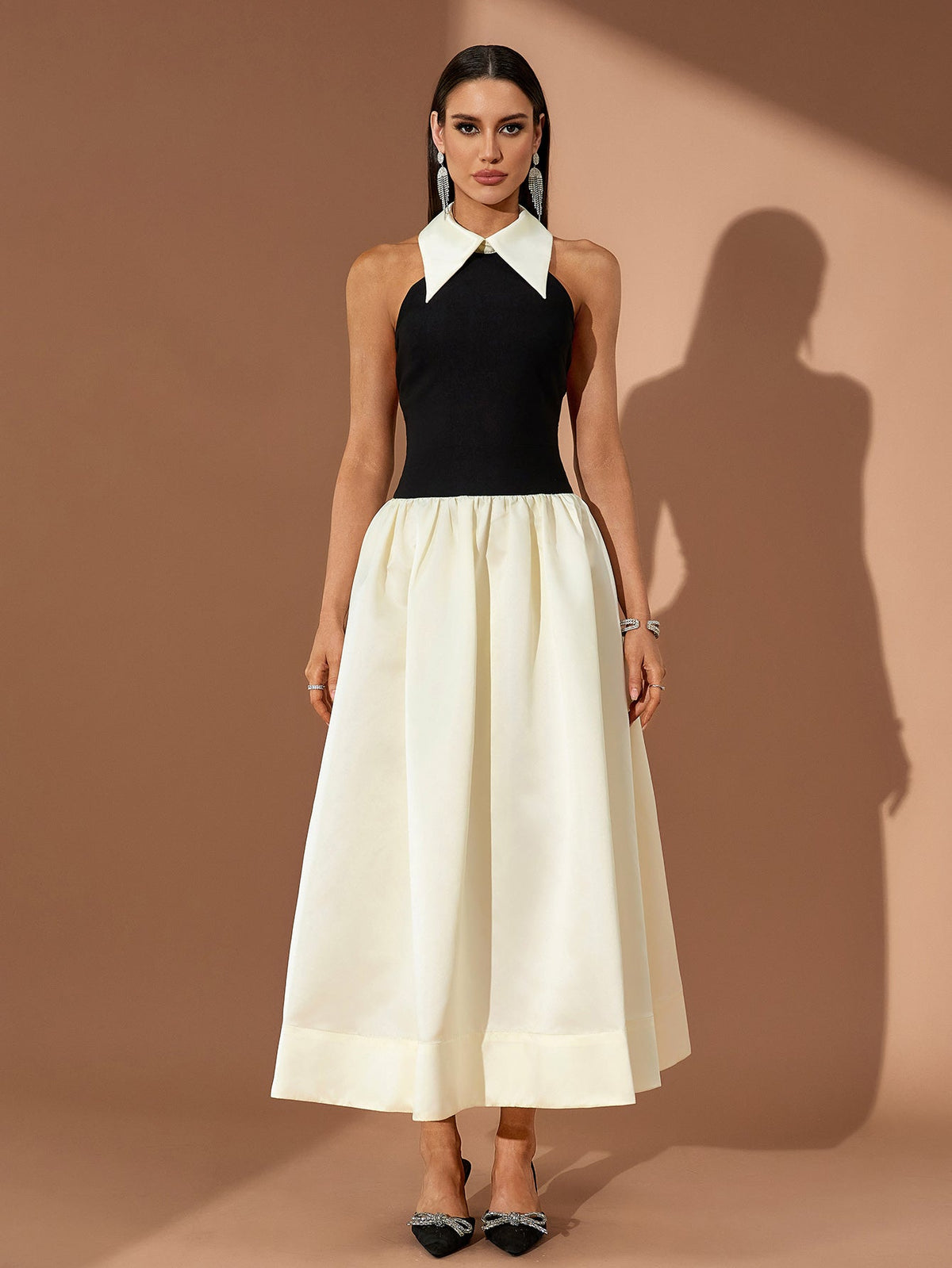 Pointed Collar A-Line Midi Dress, front view