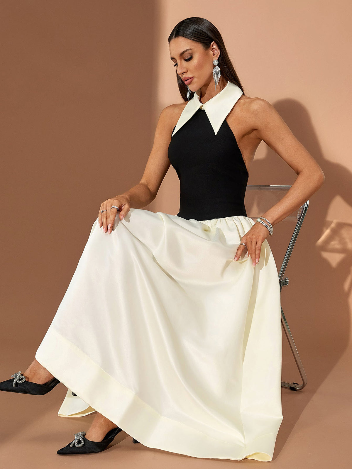 Pointed Collar A-Line Midi Dress, three-quarter view