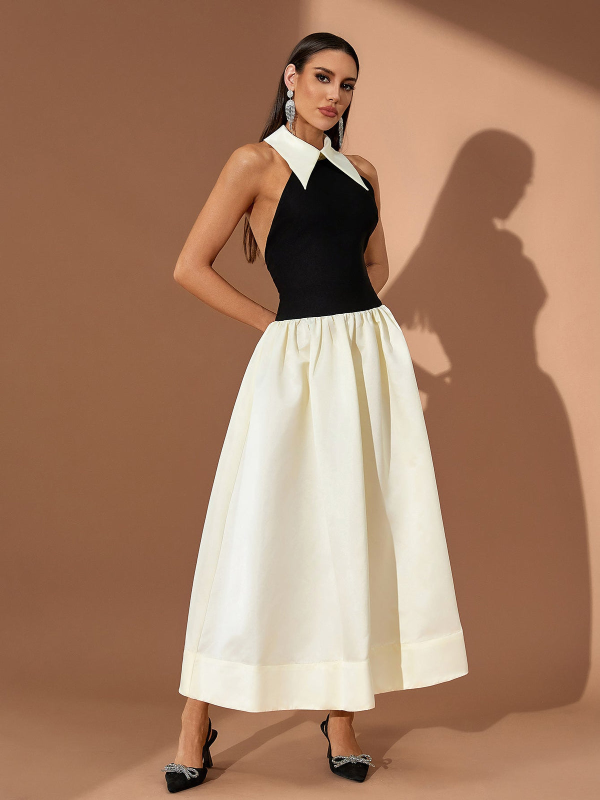 Pointed Collar A-Line Midi Dress, full-length styling view