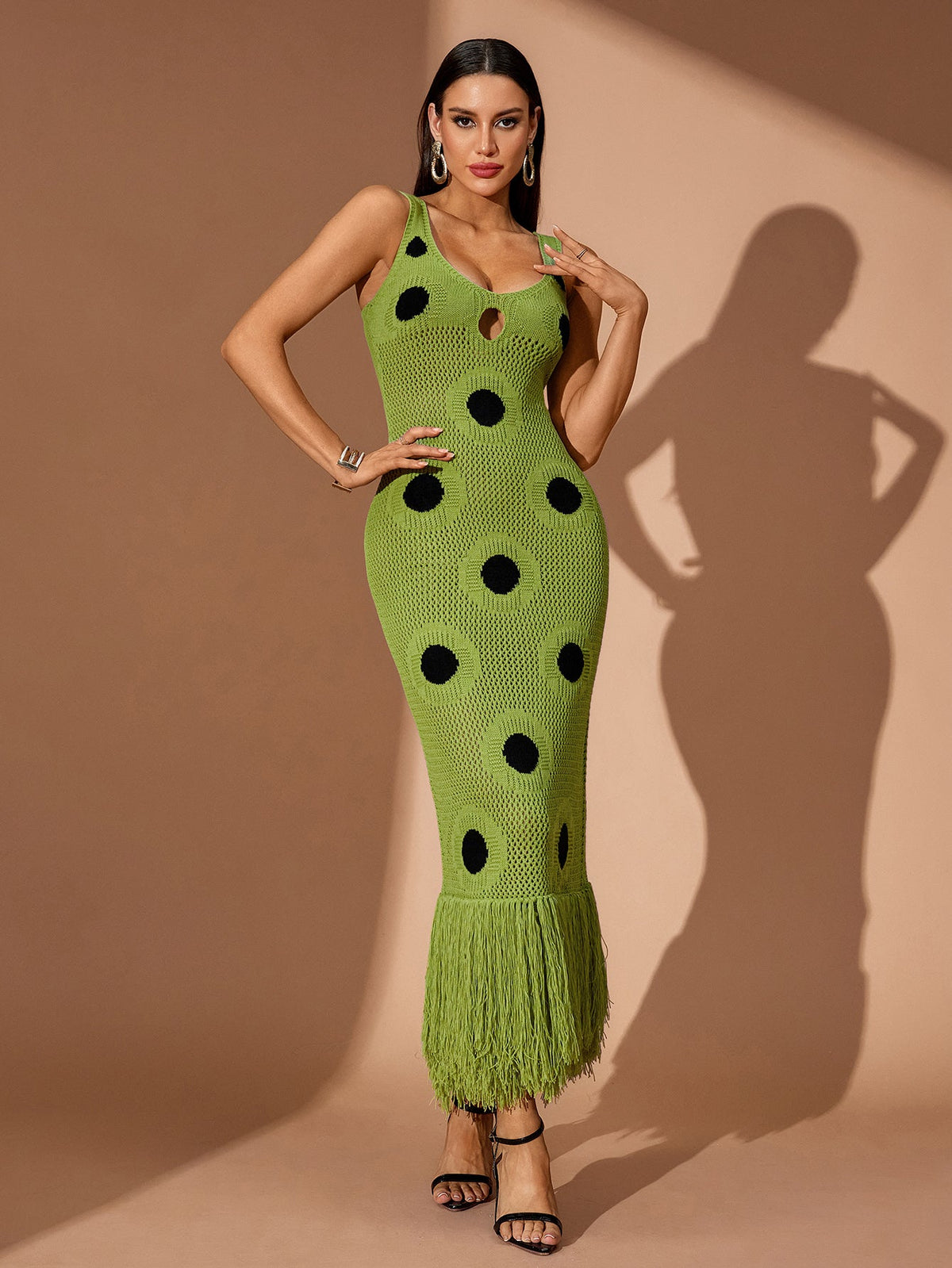 Polka-Dot Cutout Fringe Knit Maxi Dress, front view