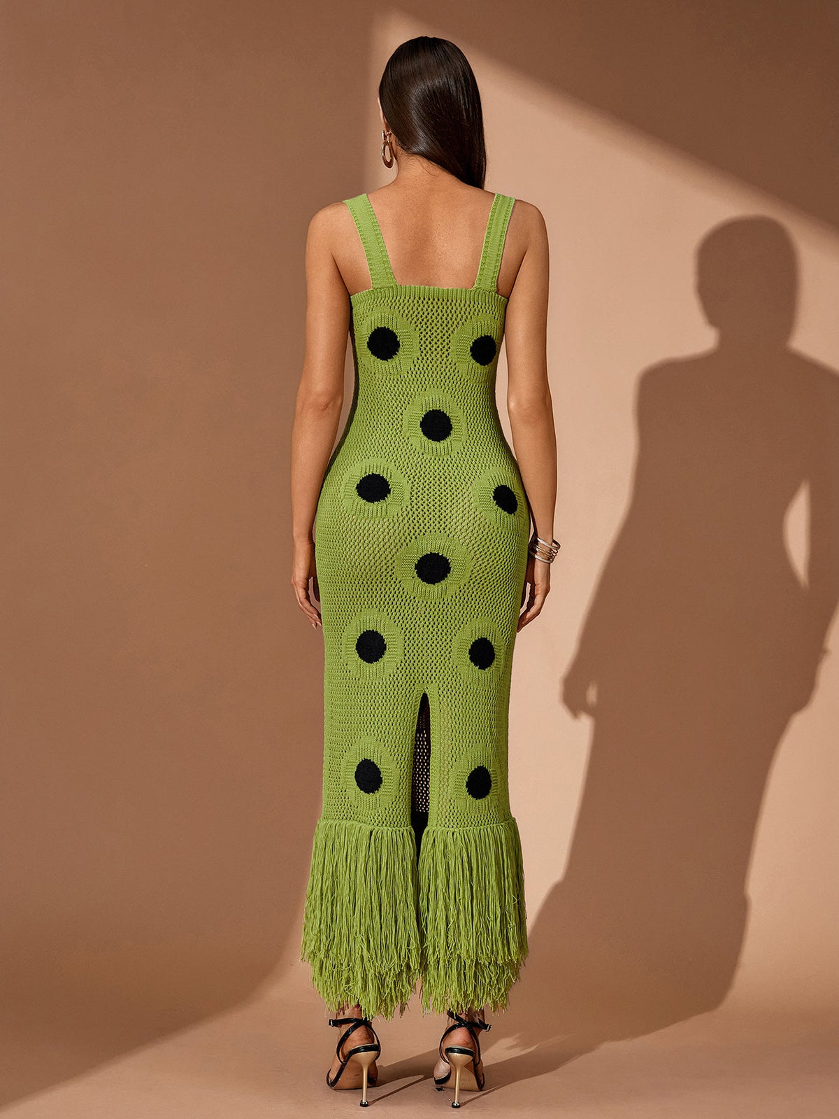 Polka-Dot Cutout Fringe Knit Maxi Dress, back view