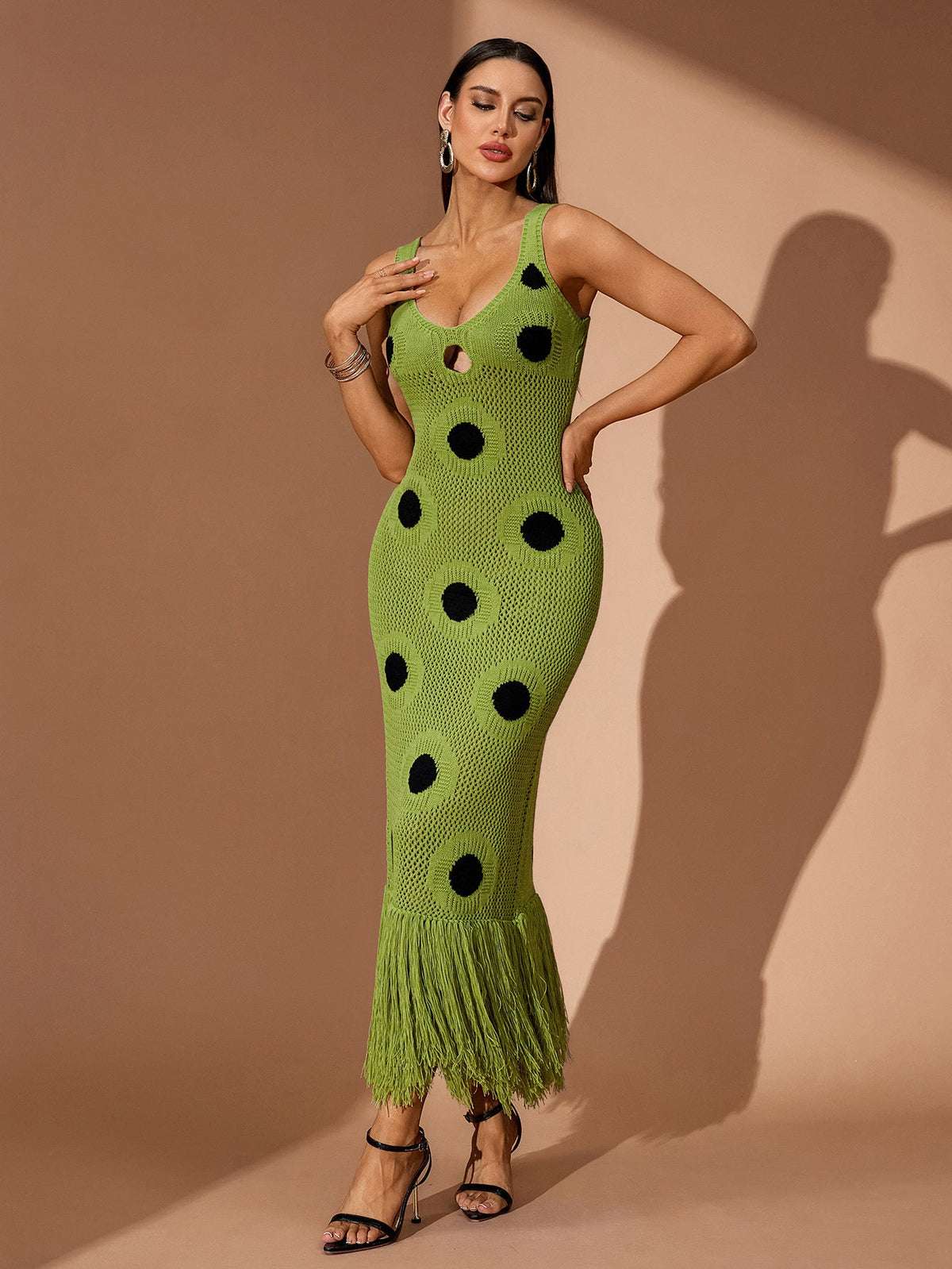 Polka-Dot Cutout Fringe Knit Maxi Dress, full-length styling view